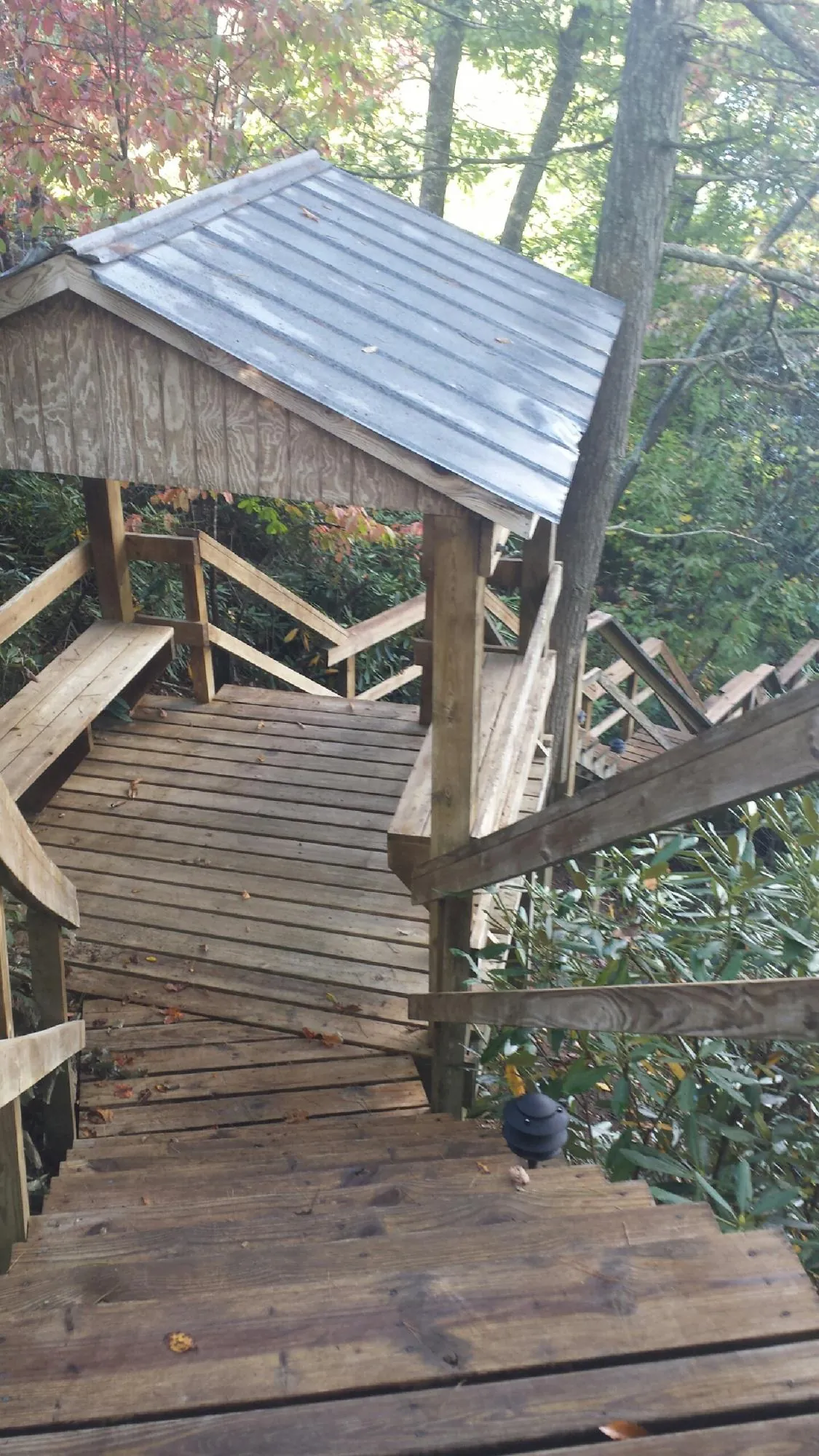 Metal roofed shelter over wooden steps on a wooded walkway — Skylight Repair & Installation work by our crew in Waupaca